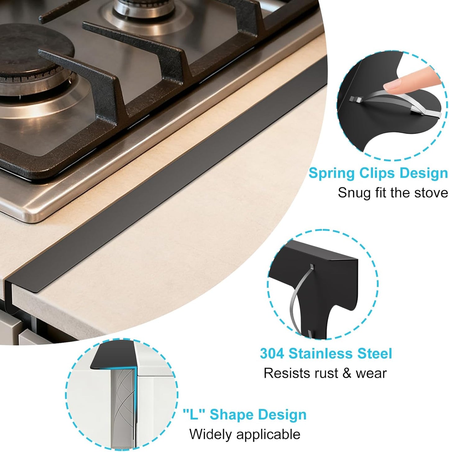 Stove Gap Covers, 2 Pack Stainless Steel Stove Gap Filler Black | Heat Resistant Oven Gap Filler Adjustable Length Range Trim Kit Non-Slip Stove Guard Between Stove Top & Counter