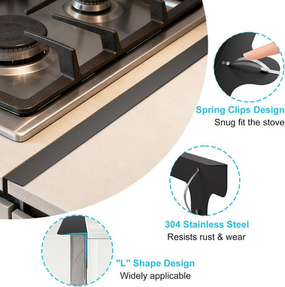 Stove Gap Covers, 2 Pack Stainless Steel Stove Gap Filler Black | Heat Resistant Oven Gap Filler Adjustable Length Range Trim Kit Non-Slip Stove Guard Between Stove Top & Counter