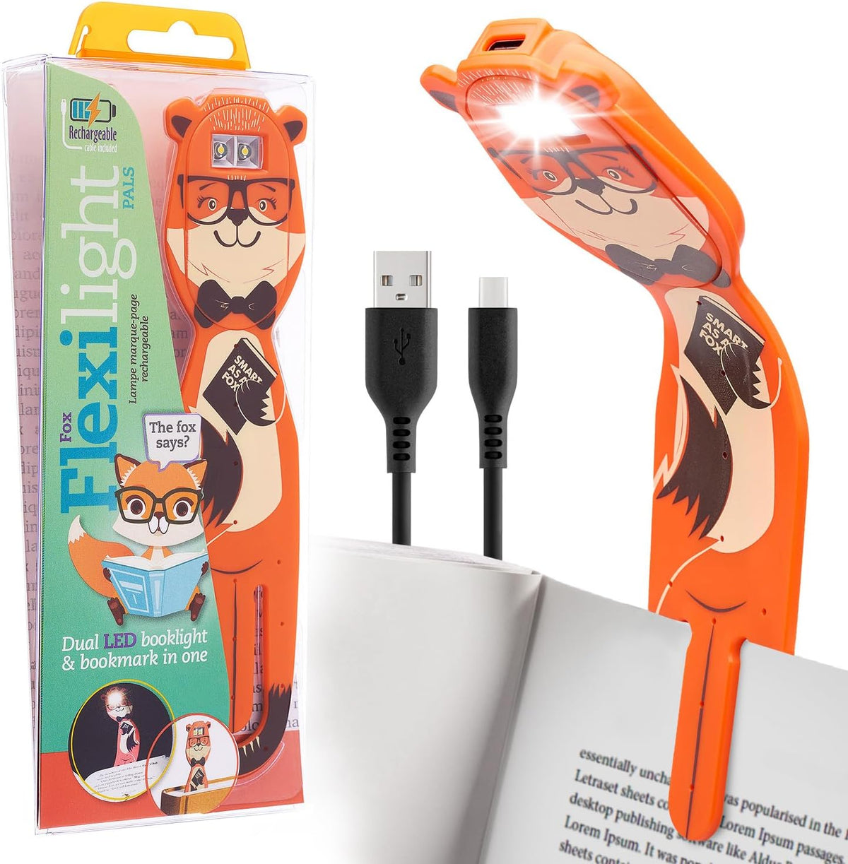 Gifts for Readers & Writers Rechargeable Book Light for Kids, Clip On Reading Light for Bed, 2in1 Flexilight Pals & Bookmark, 12 Hours of Light Once Charged, Includes USB Cable & 2 LED Lights, Dog
