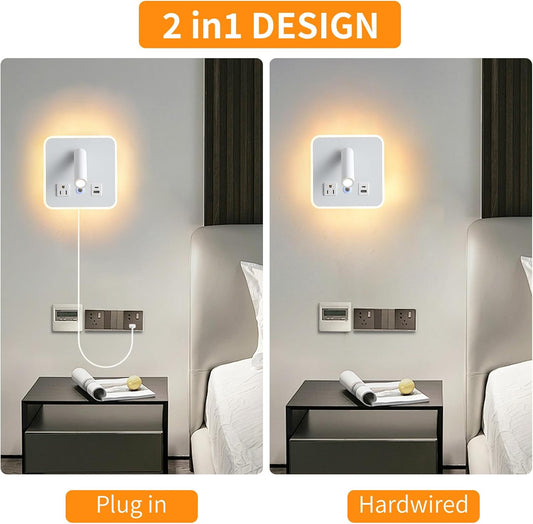 LED Headboard Reading Lamp, Dimmable Wall Sconce with USB-A/USB-C, White