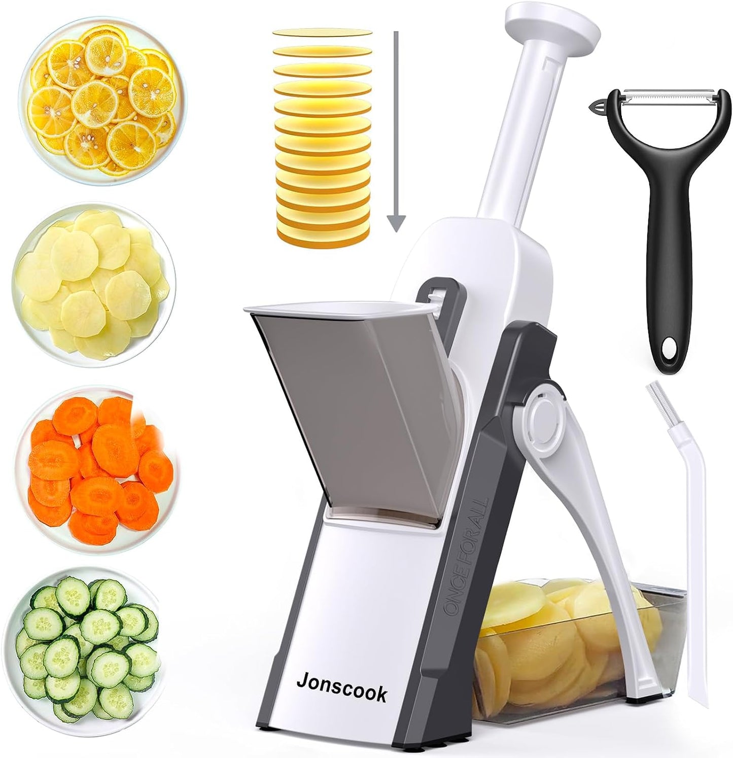 Jonscook All-in-1 Safe Mandoline Slicer for Kitchen, Vegetable Slicer with Container, Adjustable Veggie Mandoline, French Fry Cutter, Potato/Tomato/Onion Slicer, Grater/Cleaning Brush (Black Knight)