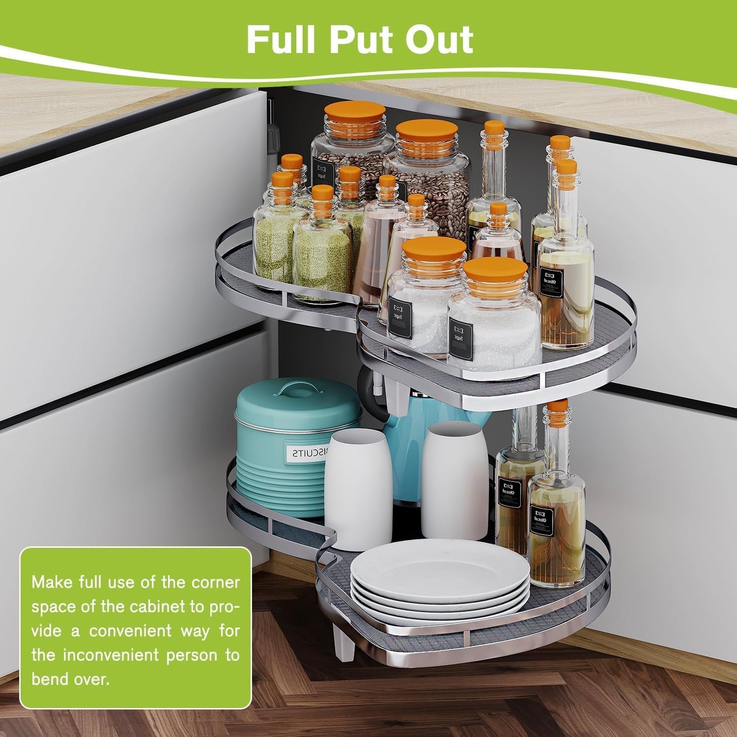 Blind Corner Cabinet Pull Out Organizer, Soft Close Swing Right Pull Out Cabinet Organizer 36inch, Corner Cabinet Lazy Susan for Corner Cabinet Blind Shelf, 2 Tiers Tray, Adjustable Height
