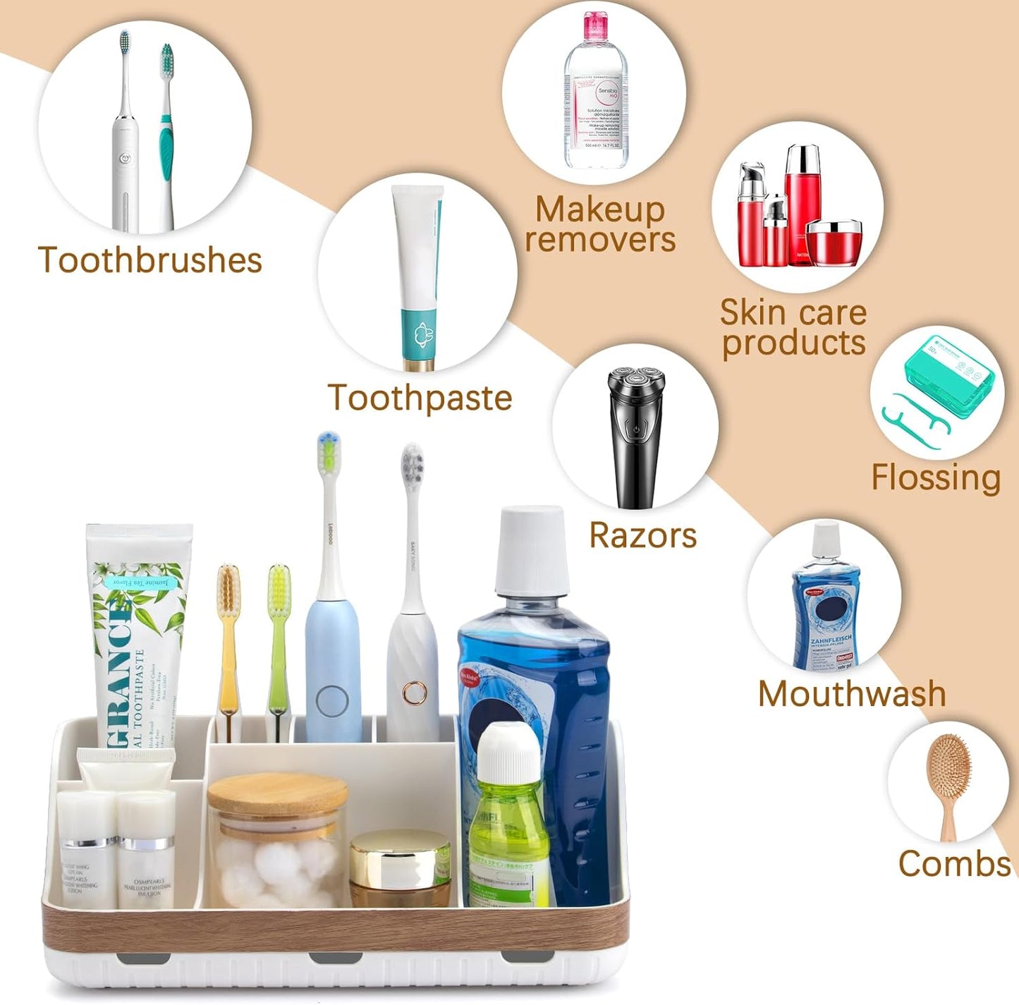 GFWARE Black Toothbrush Holder - 7 Slots Bathroom Organizer Countertop with Drainage Matte Black Electric Toothbrush and Toothpaste Holder for Bathroom Accessories Sink Storage
