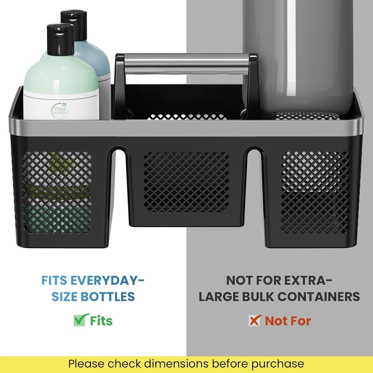 BYUNER Portable Cleaning & Shower Caddy with Handle: Rigid Plastic Basket with 4 Divided Compartments, All-Side Drainage for College Dorm, Bathroom & Utility Use, Black/Gold