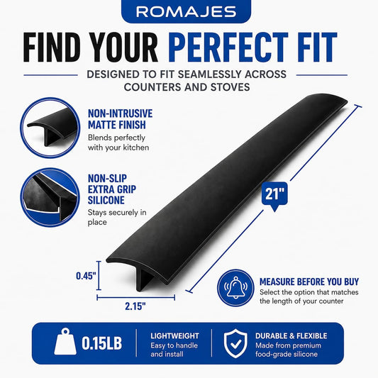 Premium 4Pack Silicone Stove Gap Cover 21” Black Oven Counter Filler Crack Guard Flexible Cooker Side Strip Crumb Catcher helps prevent food from falling between Refrigerator Desk and Wall