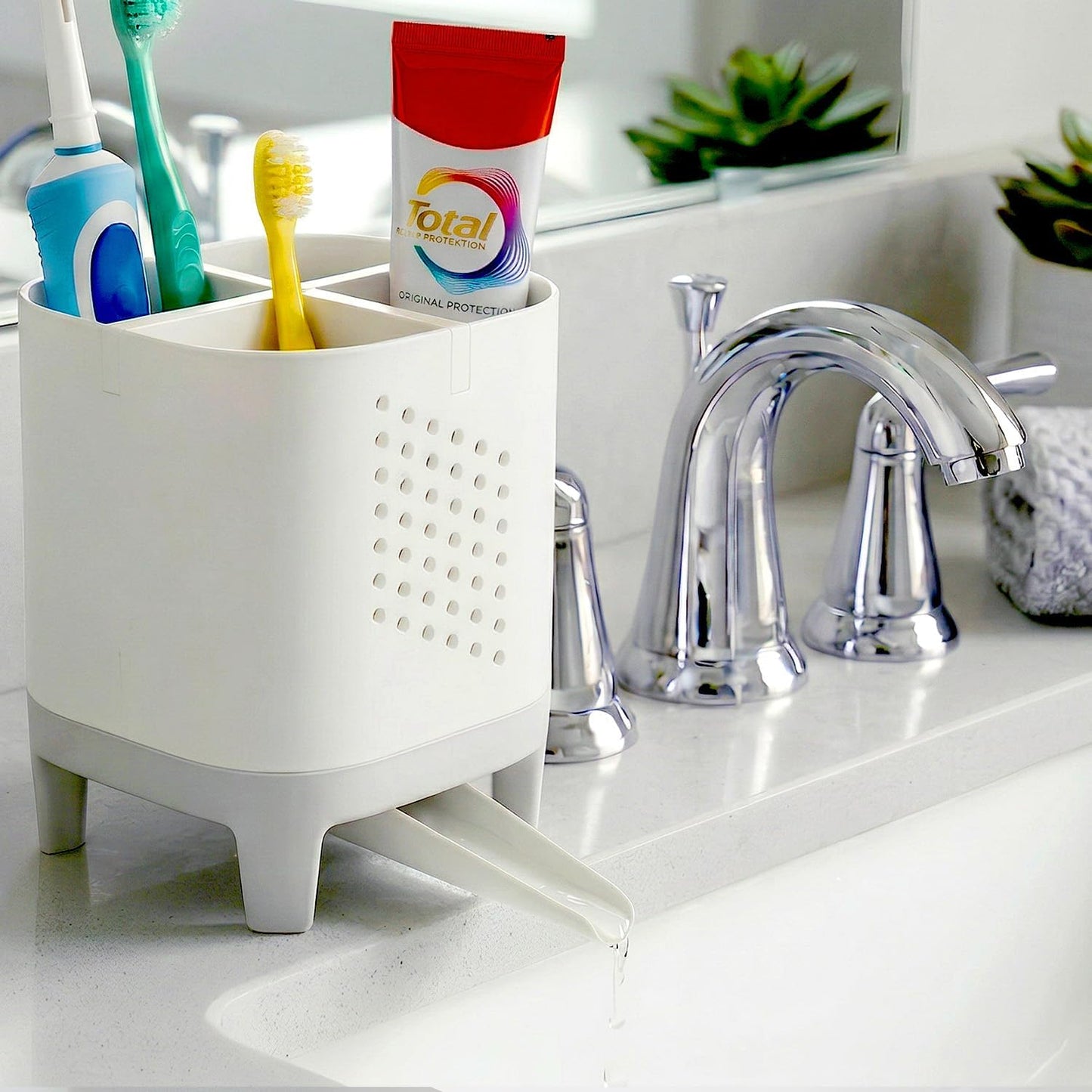Toothbrush Holder for Bathroom Counter – Self Draining Toothbrush Organizer | Detachable Funnel for Electric & Manual Toothbrushes – Family Toothpaste Holder Set