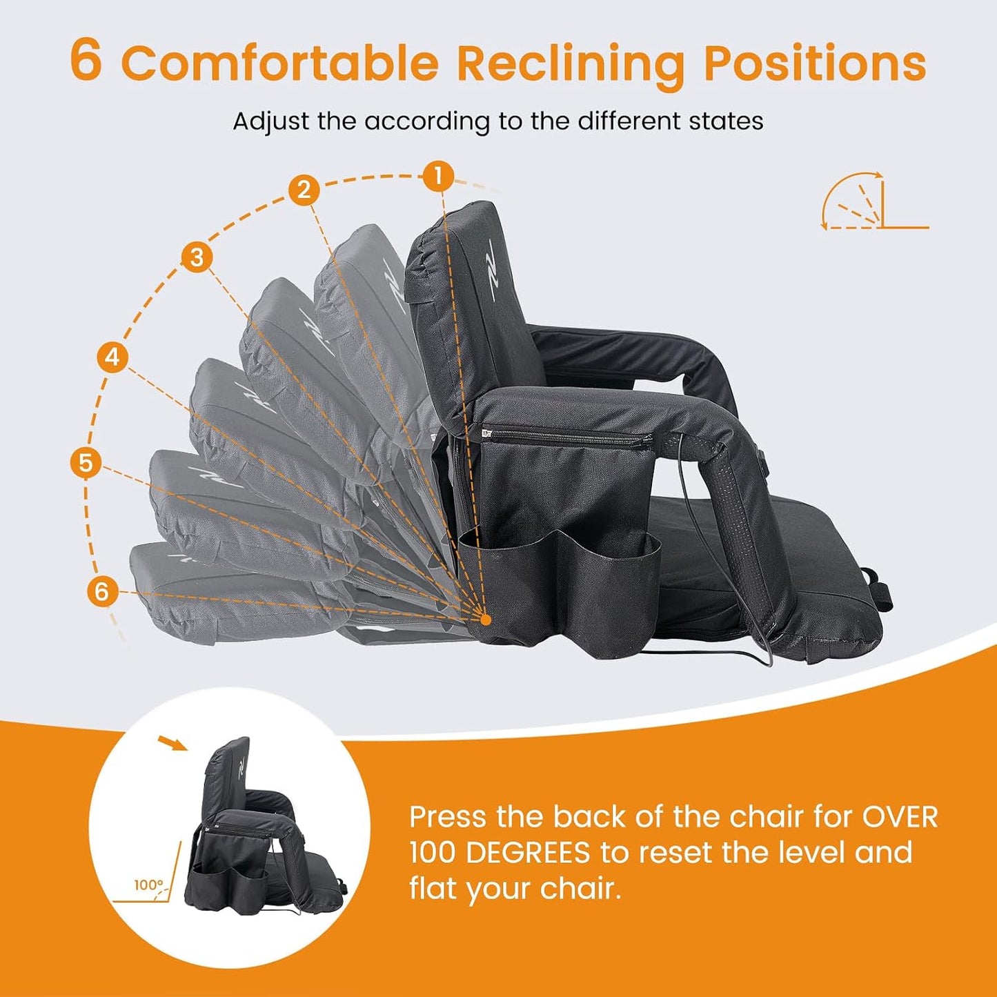 25in 5.12" Extra Thick&Wide Heated Stadium Seat for Bleachers | Sofa Style Design Thick Bleacher Chair With Back and Comfy Cushion, 6 Reclining Positions, 3 Heat Levels (NO Battery)