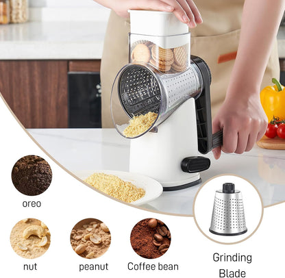 Weltonhm 4 in 1 Large Rotary Cheese Grater Hand Crank (black, 3 Graters) | Cheese Shredder Rotary and Slicer with 4 Stainless Steel Blades for Vegetables, Veggie and Cheese, Stronger Suction Base