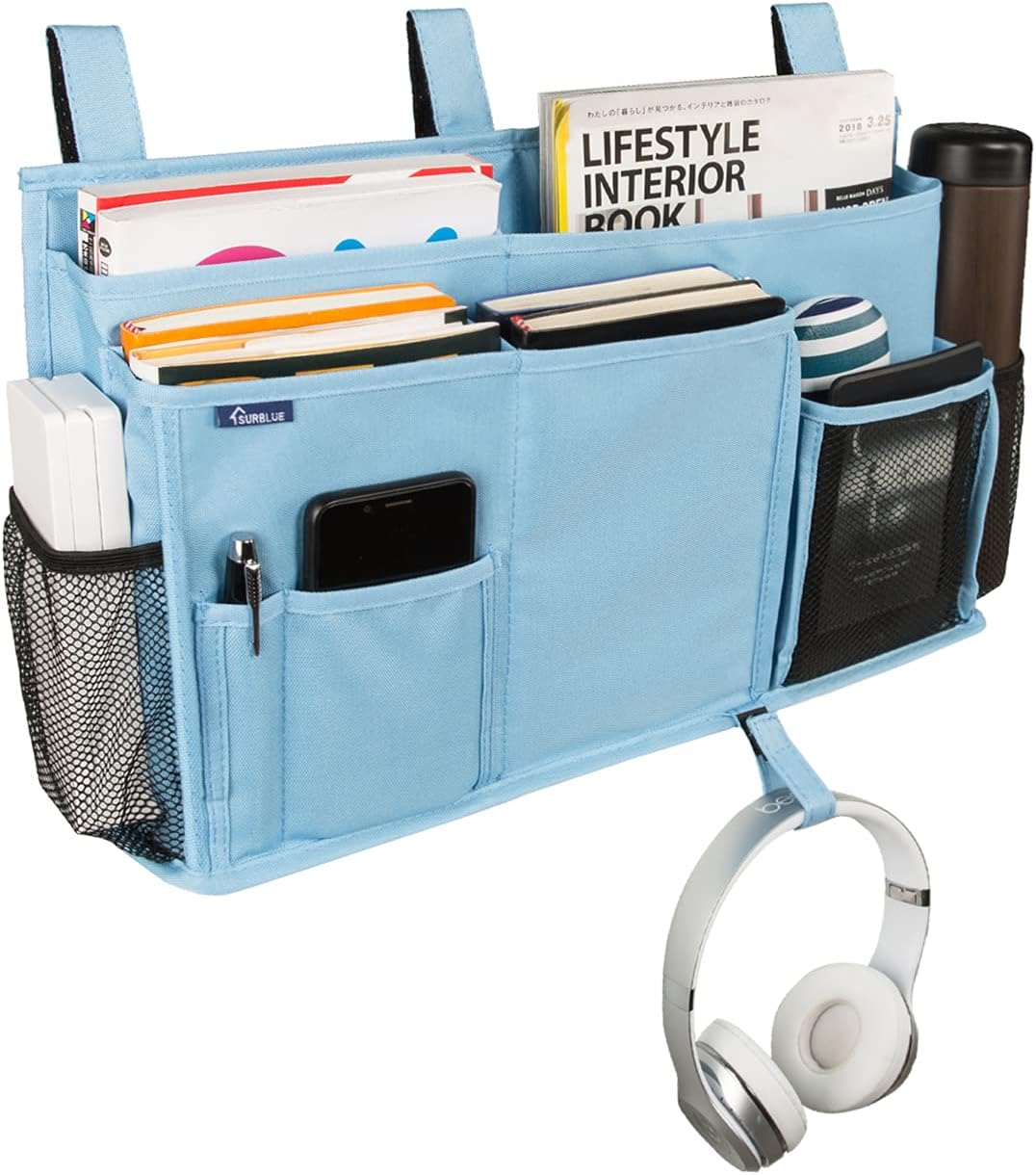 Surblue Bedside Caddy Hanging Organizer Storage Bag Pocket for Bunk, Hospital, College Dorm Rooms, Baby Bed Rails, Camp - 4 Pockets, 2 Hooks (Blue)