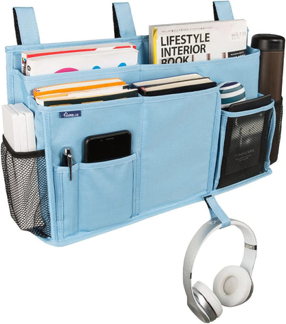 Surblue Bedside Caddy Hanging Organizer Storage Bag Pocket for Bunk, Hospital, College Dorm Rooms, Baby Bed Rails, Camp - 4 Pockets, 2 Hooks (Blue)