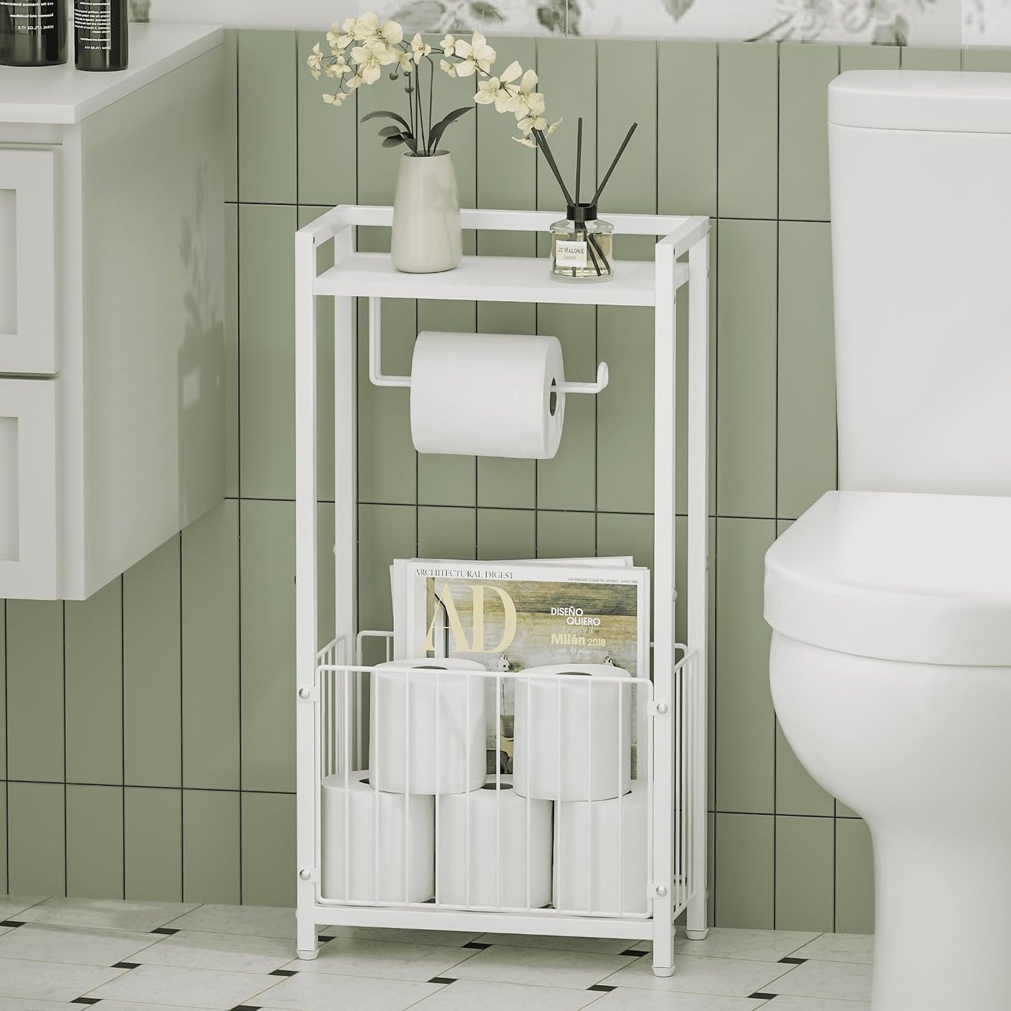 Freestanding Toilet Paper Holder with Storage Shelf | Bathroom Tissue Stand with Space for Phone, Tablet, and Magazines – All-in-One Toilet Roll Dispenser and Organizer