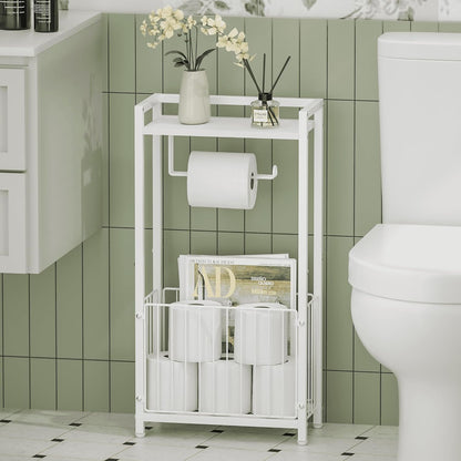 Freestanding Toilet Paper Holder with Storage Shelf | Bathroom Tissue Stand with Space for Phone, Tablet, and Magazines – All-in-One Toilet Roll Dispenser and Organizer