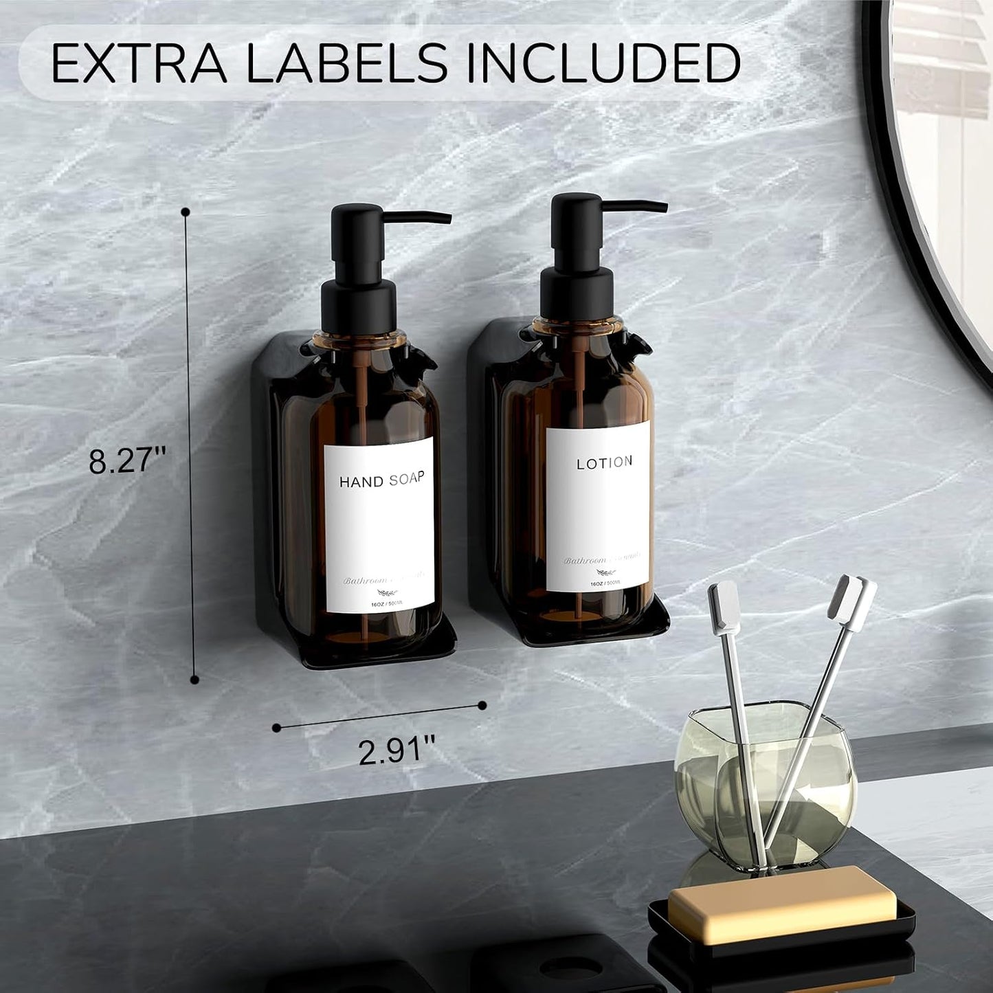 Modern Shampoo and Conditioner Dispenser - Shower Soap Dispenser Wall Mounted - 3-Pack 16 oz Plastic Amber Bottles with Black Pumps - Stylish Shampoo Dispenser, Shower Dispenser 3 Chamber No Drill