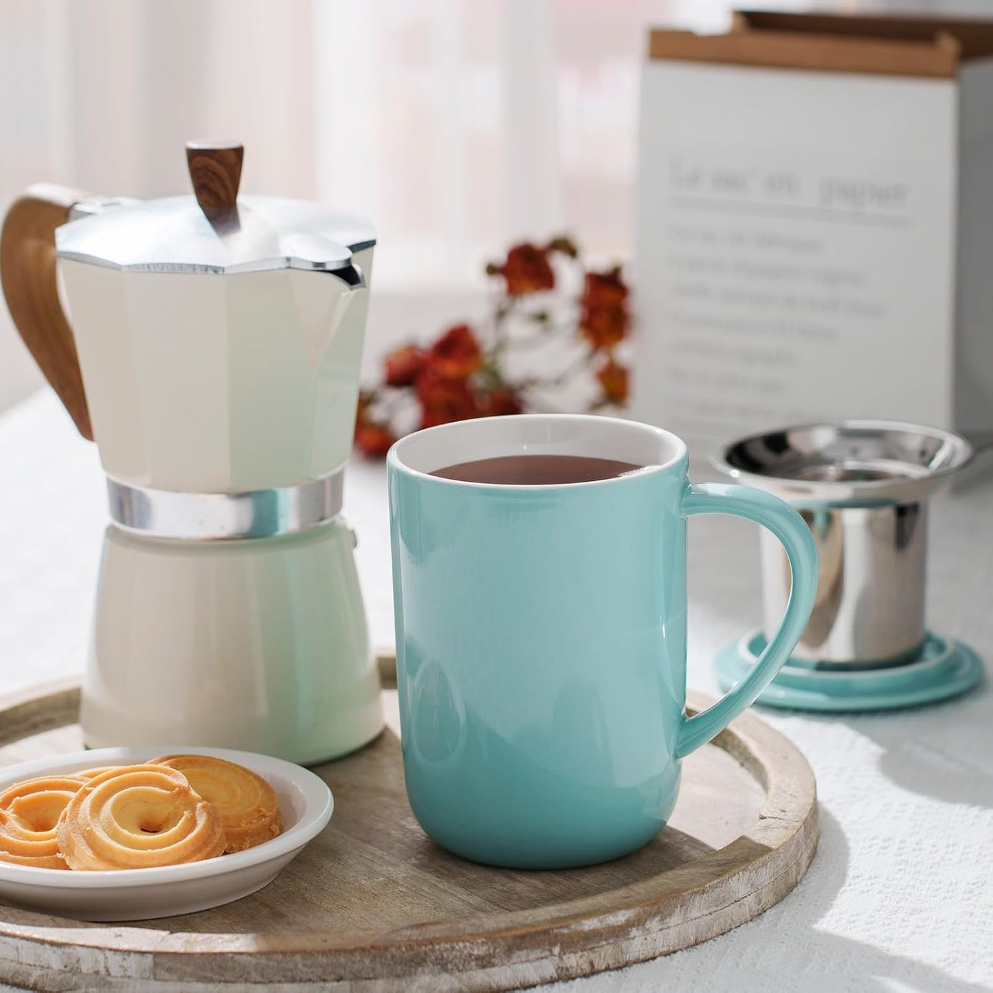 CEEFU 16oz Porcelain Tea Mug with Infuser, Lid and Coaster | Teaware with Filter, Loose Leaf Tea Cup Steeper Maker, Tea/Coffee/Milk/Women/Office/Home/Gift, Navy Blue