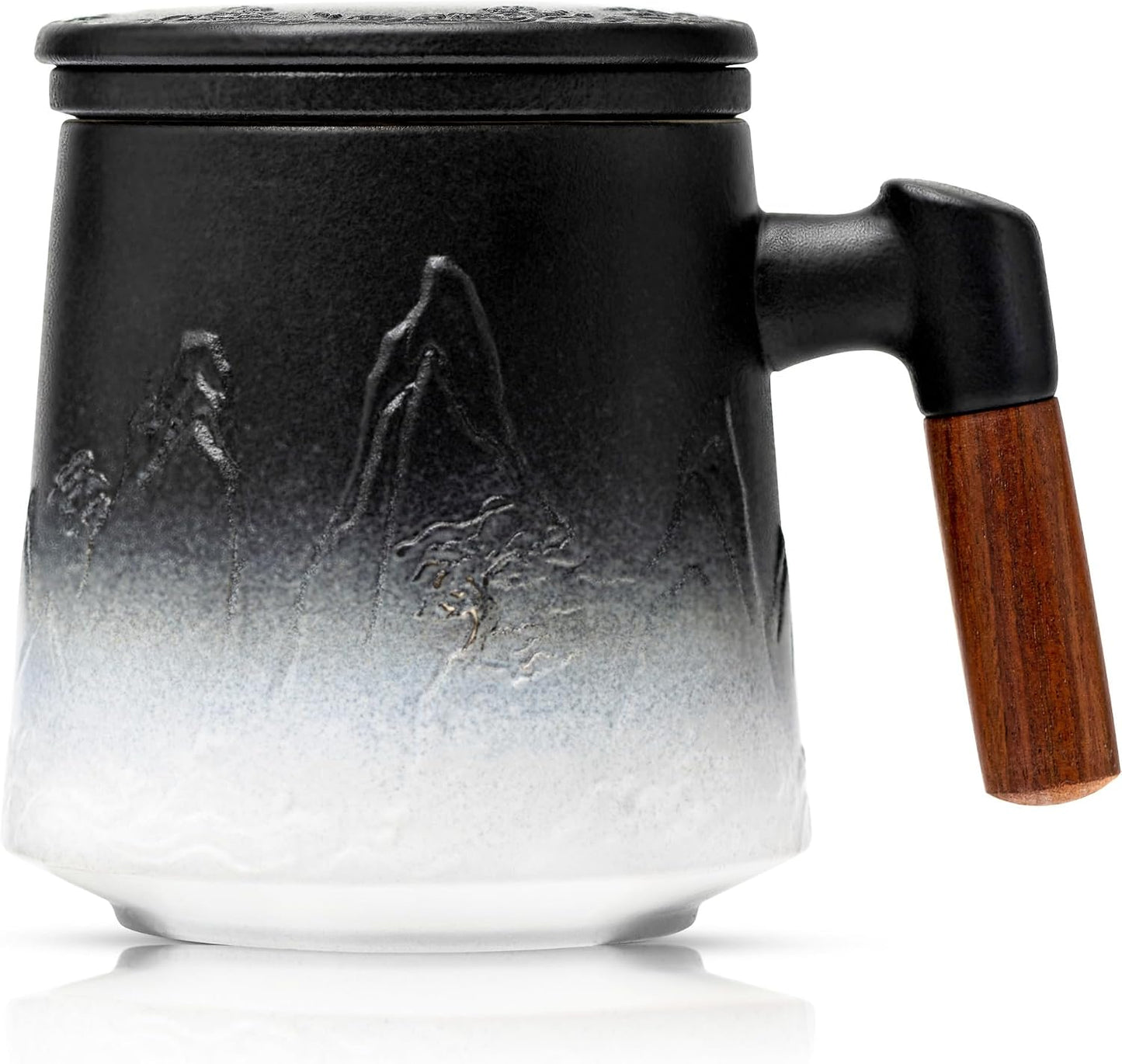 suyika Tea Cup with Infuser and Lid, 15.2 Ounce Wood Handle Ceramic Loose Leaf Mug Gradient Black&Green 450ml