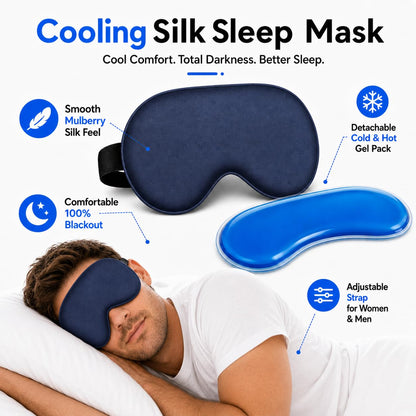 Silk Sleep Mask with Cooling Gel | Pure Mulberry Silk, Adjustable Strap, Superior Light Blocking, Includes Removable Ice Pack & Earplugs