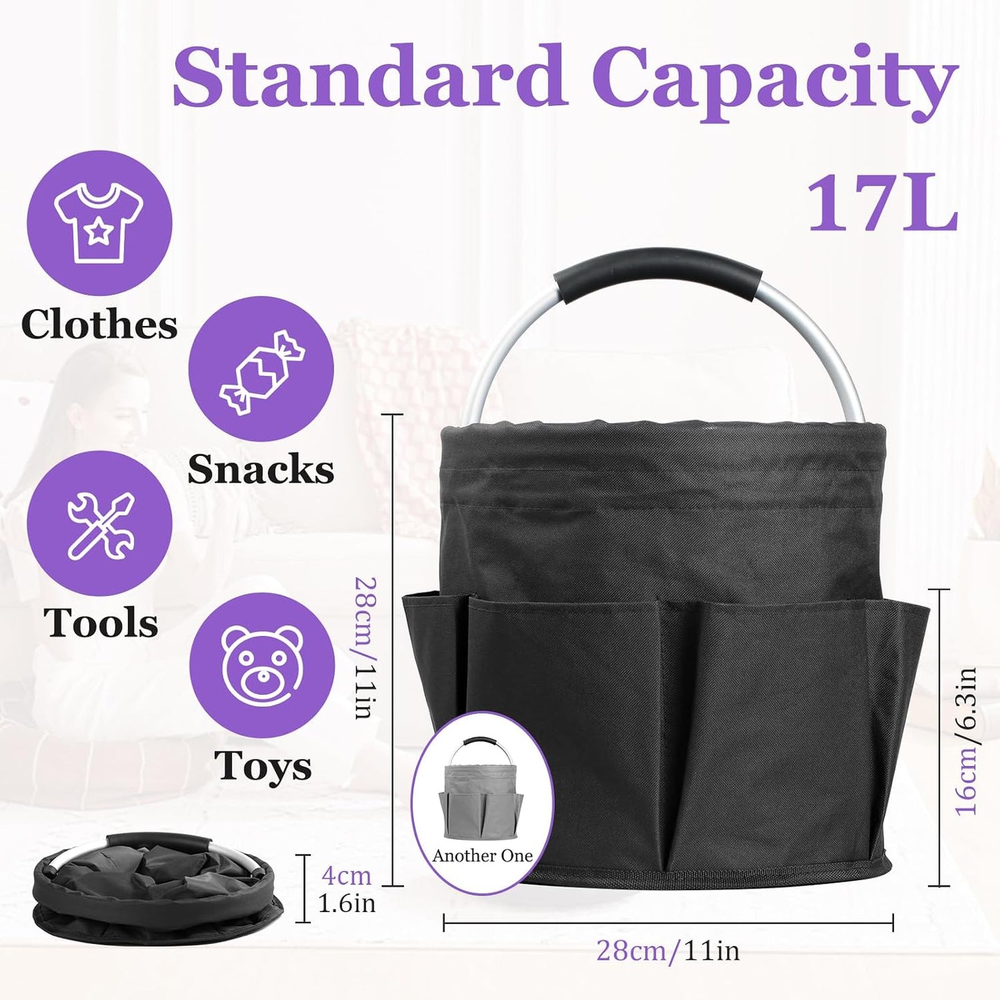 17L Cleaning Caddy with Handle and 6 Pockets, Foldable Cleaning Supply Caddy, Portable Shower Caddy in 600D Oxford Fabric, Multifunctional Storage Basket for Camping, Gardening, Black