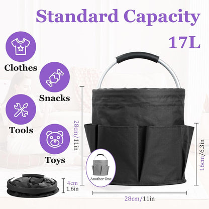 17L Cleaning Caddy with Handle and 6 Pockets, Foldable Cleaning Supply Caddy, Portable Shower Caddy in 600D Oxford Fabric, Multifunctional Storage Basket for Camping, Gardening, Black