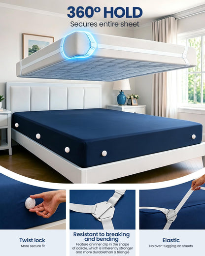 Bed Sheet Holders for Corners: 10 Clips with Side-Edge Locks (Not Just 4 Corners), One-Piece Bed Sheet Straps, No Metal & Anti-Slip, Heavy Duty Fitted Sheet Holder (Twin＆Full Style: 5-8in)
