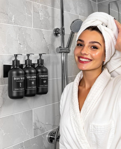 Luxspire 17oz Shampoo and Conditioner Dispenser 3 Sets for Bathroom, Black | Matte PET bottle, no-drill stainless bracket, detachable pump, dual wall/counter install with classification stickers