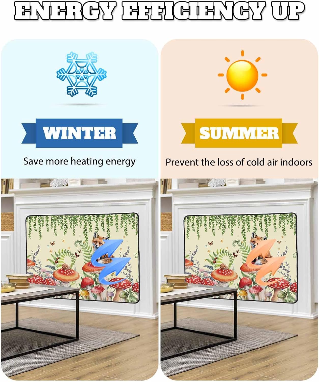 Magnetic Fireplace Cover Red Mushroom Fox Fireplace Screen Decorative Eucalyptus Leaves Butterfly Black Insulation Fireplaces Blocker Save Energy Fireplaces Draft Stopper Covers for Living Room 36x30