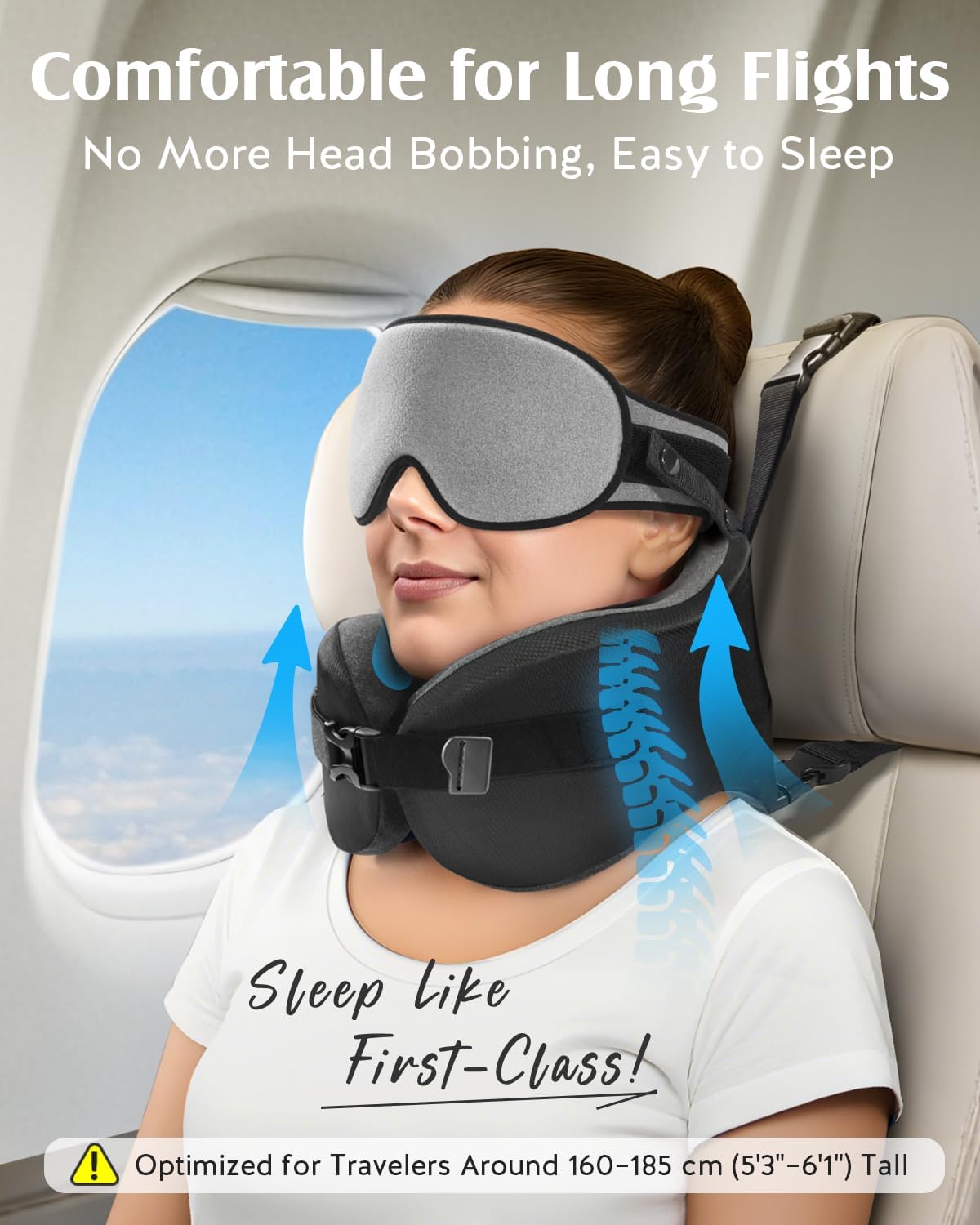 YFONG Travel Pillow with Head Support & Sleep Mask for Long Flights, Black | Patented 360° Support System, Prevents Bobbing, Airplane Head Strap, 3D Eye Mask, Memory Foam Neck Pillow, Travel Essential