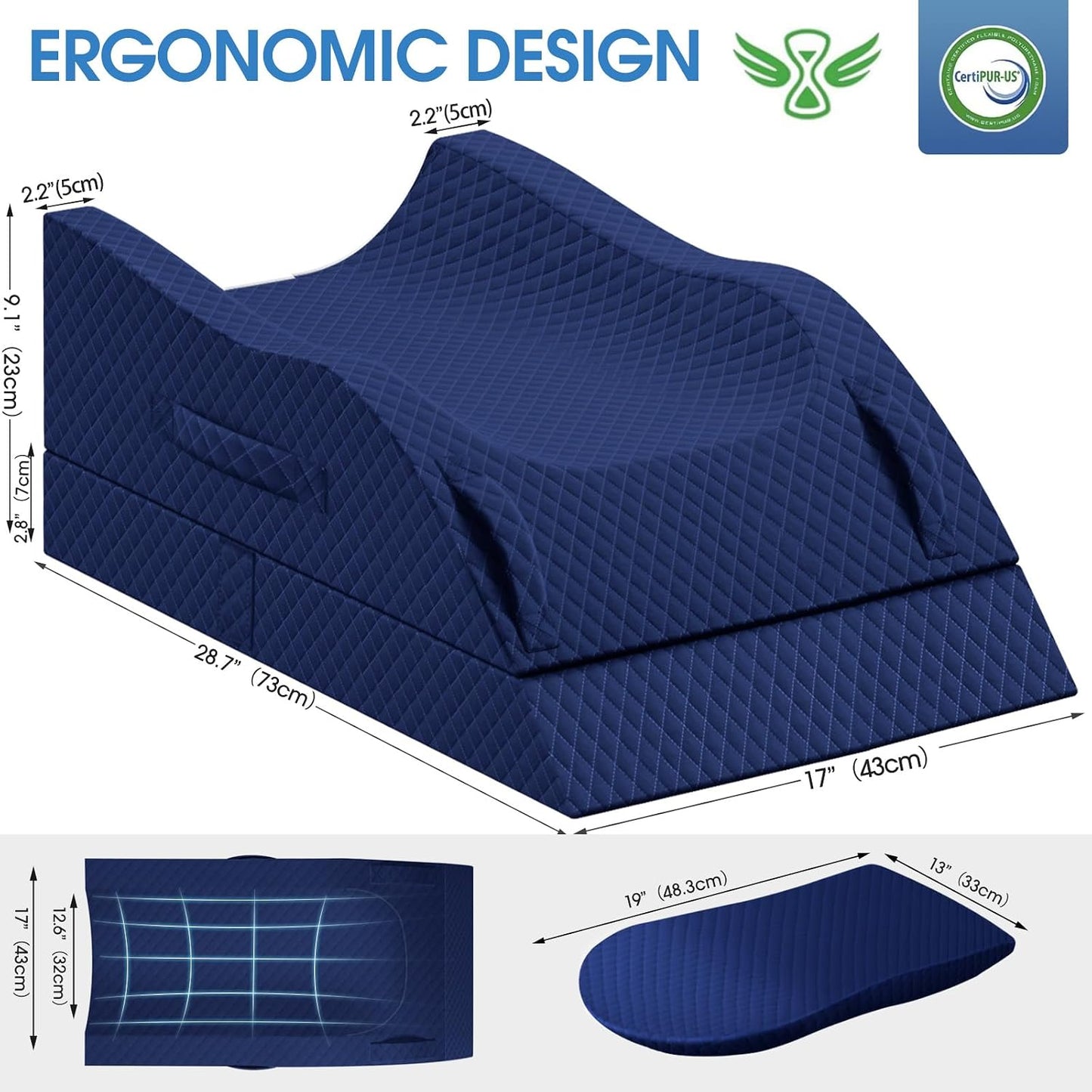 TranquilRelax Leg Elevation Pillows for After Surgery, Wedge Pillow, Grey | Memory Foam, All-around Knee & Ankle Support for Swelling, Height-adjustable, Nop-Slip Bottom, Washable Cover, Single-leg