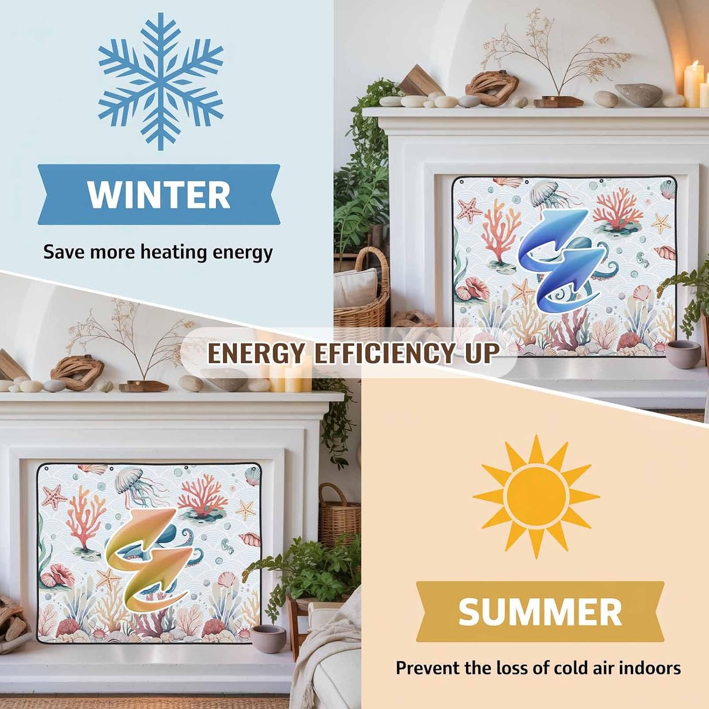 Magnetic Fireplace Cover Turtle Coral Starfish Fireplace Screen Decorative Shell Ocean Marine Life Insulation Fireplace Blocker Save Energy Fireplace Draft Stopper Covers for Living Room 39x32 Inch