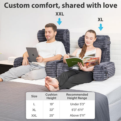 ENITYA 22" XL Back Pillow for Bed Sitting Up with Armrests & Big Pockets | Reading Pillow for Bed, Soft Back Support Chair, Ideal for Watching TV, Gaming, Nursing, Resting, Post Surgery, Dark Grey