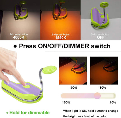 BIGMONAT Rechargeable Reading Light for Kids,Small Amber Book Reading Lights,Multi Colors Portable LED Reading Lamp with 360° Rotary Light Neck,Wireless Clip Reading Lighting for Books (Green)