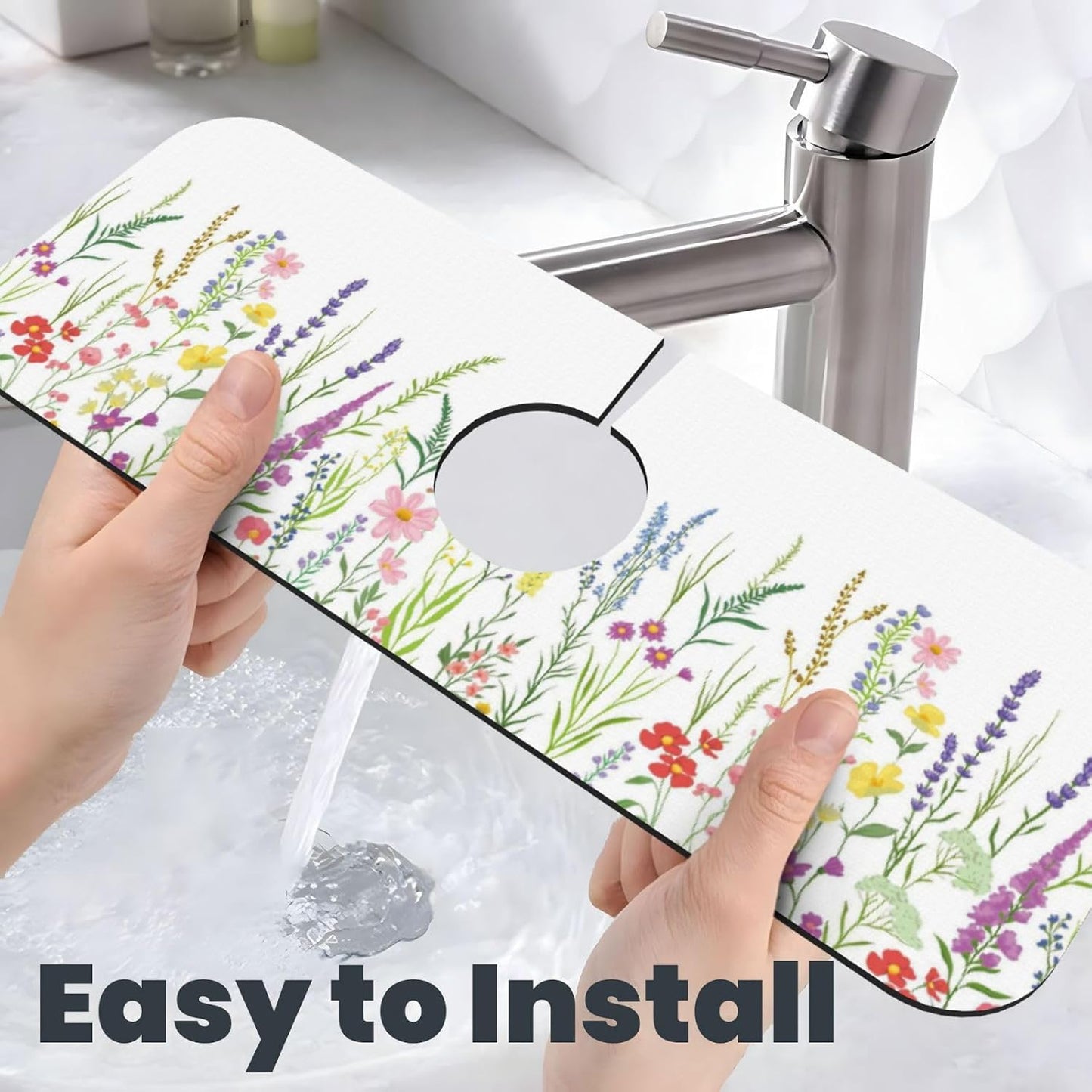 Wildflowers Floral Flower Kitchen Sink Splash Guard Faucet Mat Super Absorbent Fast Drying Mat Sink Gadgets-Fast Drying Pad Sink Mat For Kitchen Bathroom (15" X 5.5" )