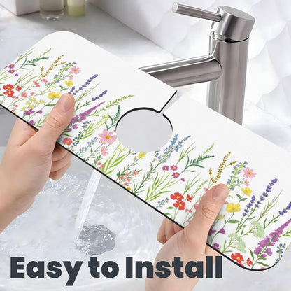 Wildflowers Floral Flower Kitchen Sink Splash Guard Faucet Mat Super Absorbent Fast Drying Mat Sink Gadgets-Fast Drying Pad Sink Mat For Kitchen Bathroom (15" X 5.5" )