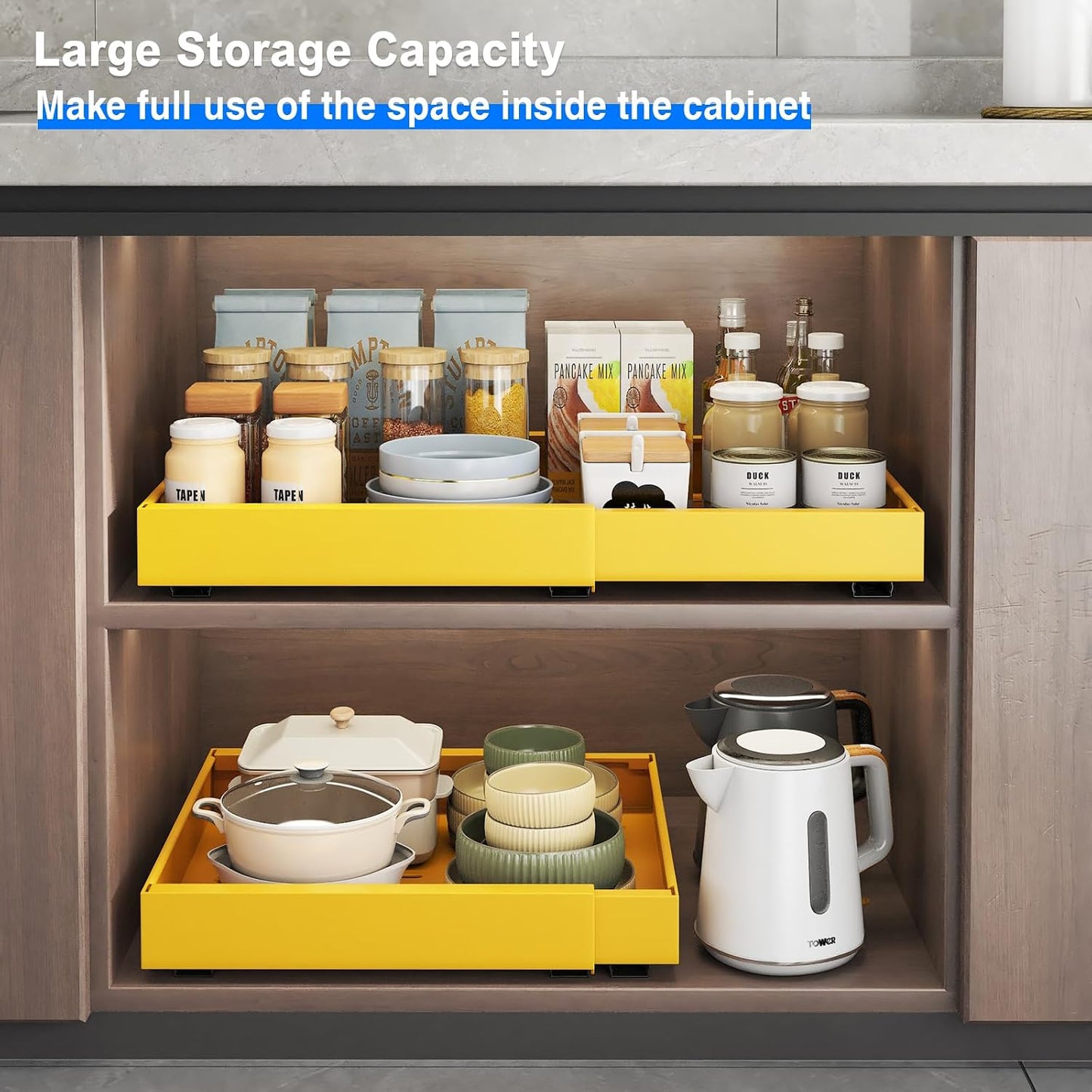 Mustorn 2 Pack Pull Out Cabinet Organizer, Slide Out Drawers for Cabinets, Peel and Stick, Heavy Duty Shelves for Kitchen, Cupboard, Pantry, Bathroom (16.5"D*11.8"W*3.94"H-Black)