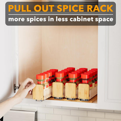 SpaceAid Bamboo Pull Out Spice Rack Organizer for Cabinet, Heavy Duty Slide Out Seasoning Kitchen Pantry Sliding Vertical Organization, 7.6" Wide, 3 Drawers(2" Wide), 2-Tier, Natural