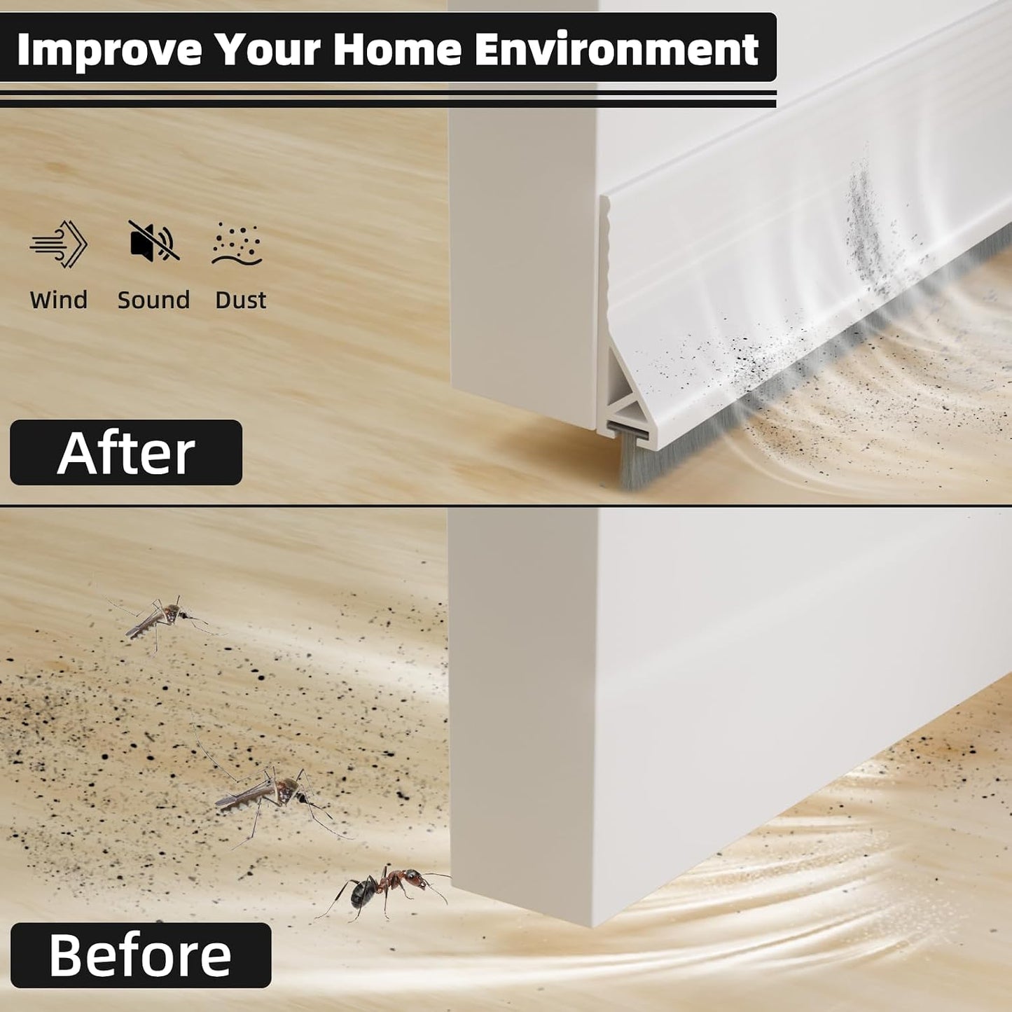 Esufeir 39” Under Door Draft Stopper with Brush,Black | Bottom of Door Sweeps for Exterior & Interior,Gap Filler Sound Blocker Seal Strip,Draft Guard Dust Stopper