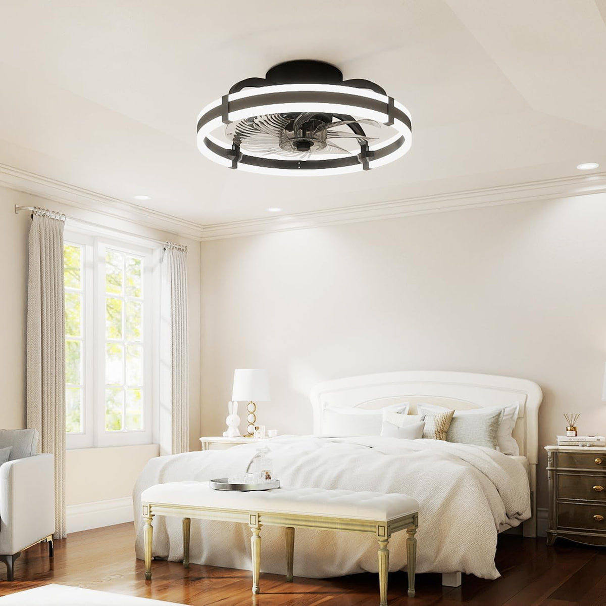 18.9" RGB Flush Mount Ceiling Fan with Light, 6 Speeds 3 Colors, Timer
