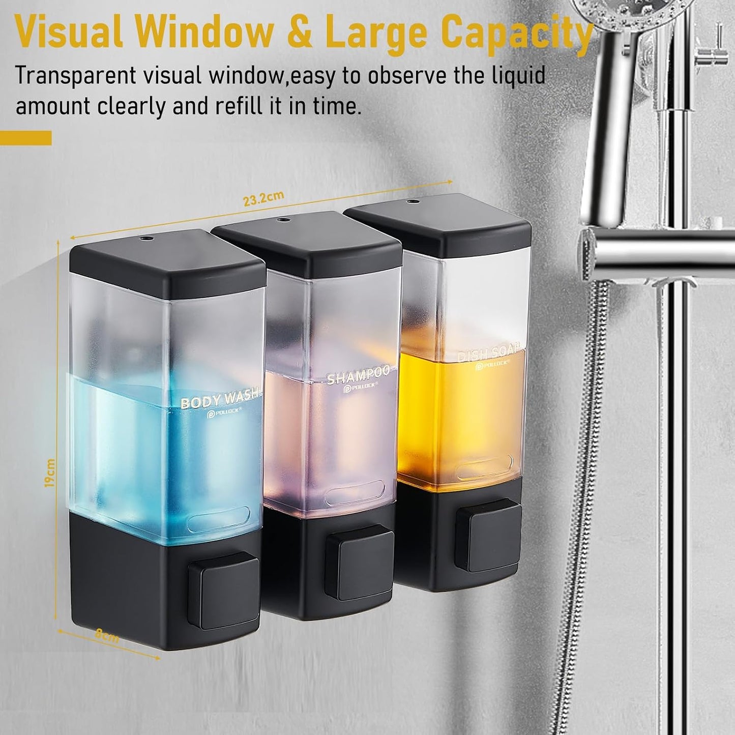 Pollock Shampoo and Conditioner Dispenser,Black 3 Chamber * 500ML | Shower Soap Dispenser Wall Mounted, Body Wash Dispenser No Drill,Refillable Shower Dispenser for Bathroom,Hotel,Public Place