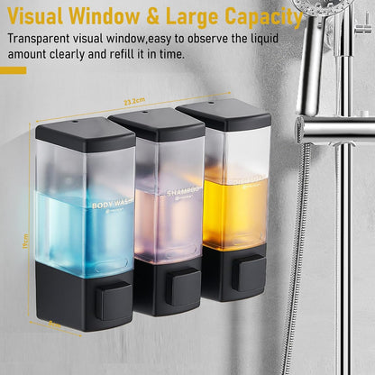 Pollock Shampoo and Conditioner Dispenser,Black 3 Chamber * 500ML | Shower Soap Dispenser Wall Mounted, Body Wash Dispenser No Drill,Refillable Shower Dispenser for Bathroom,Hotel,Public Place