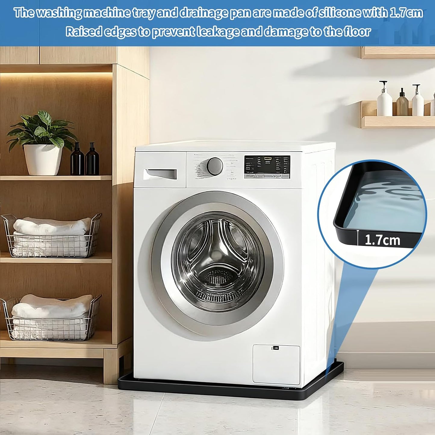 Washing Machine Drain Pan Silicone mat 27"x27" with 0.79" Raised Edges, Leak-Proof Silicone Mat, Non-Slip Waterproof Floor Protector for Washer Dryer (Grey)