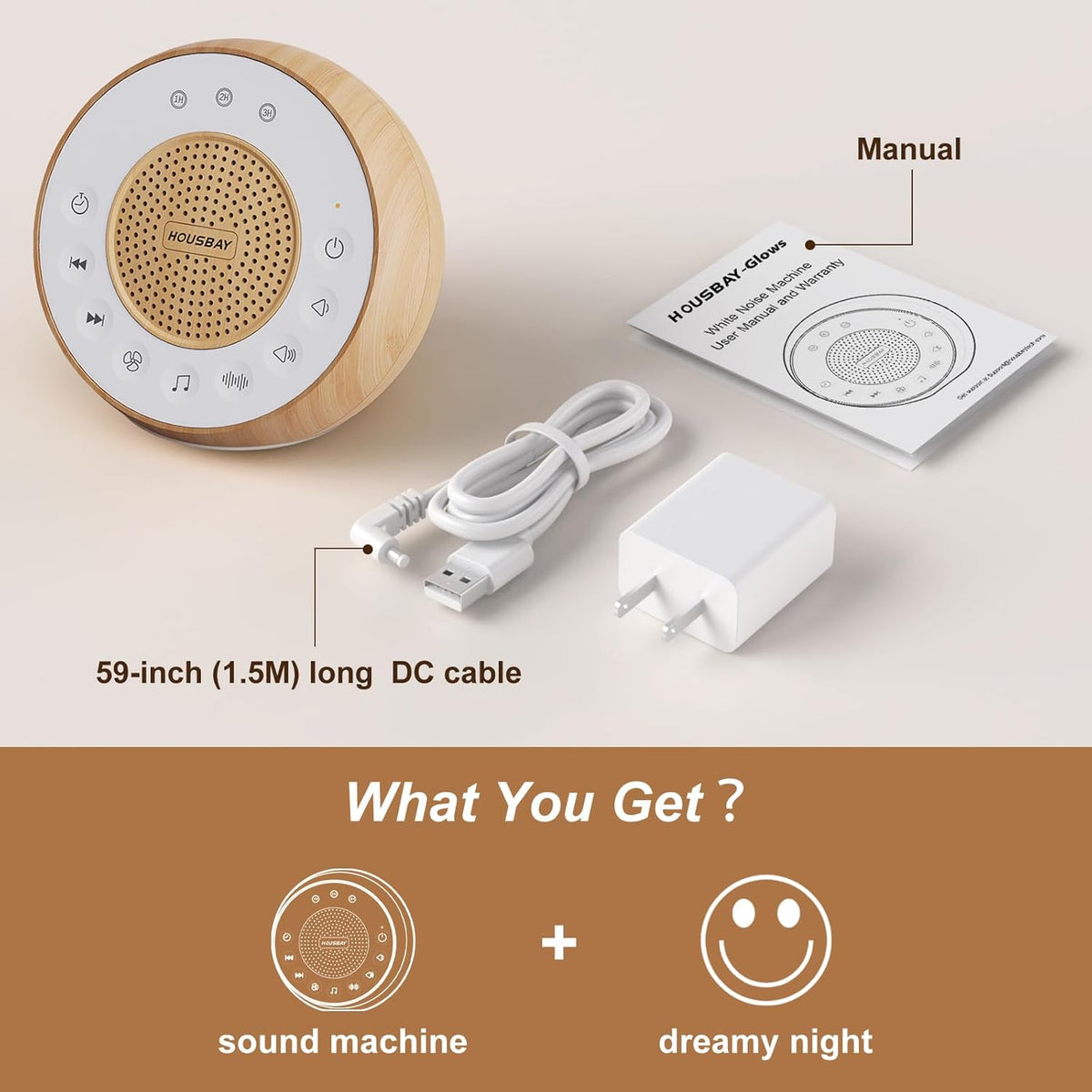 Housbay White Noise Machine with 31 Soothing Sounds, 5W Loud Stereo Sound, Auto-Off Timer, Adjustable Volume, Sleep Sound Machine for Baby, Kid, Adult -Wood Grain