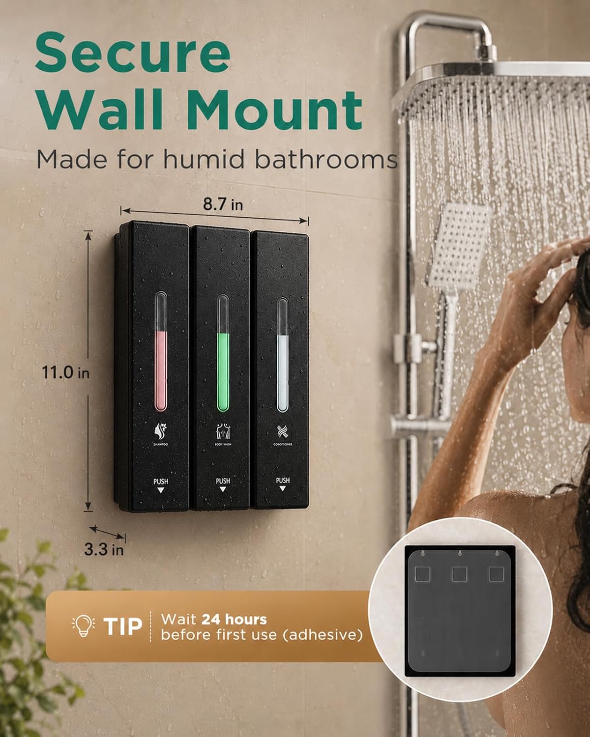 Shampoo and Conditioner Dispenser Wall Mounted, 3-Chamber Shower Soap Dispenser for Bathroom, 1200ML Large Capacity, No-Drill Installation, Clog-Free Pump for Thick Liquids (black-3-pack)