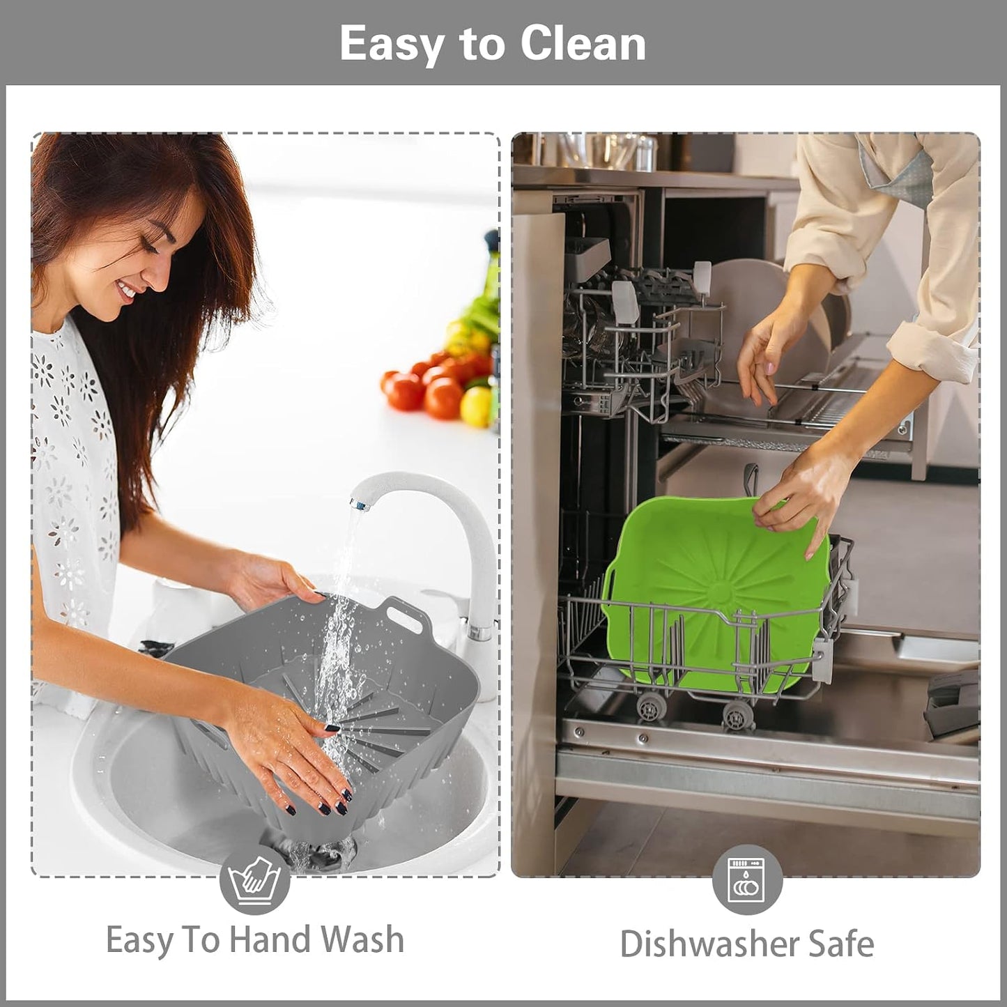 Silicone Air Fryer Liners 10QT, Reusable Airfryer Basket Liners Rectangular for Ninja DZ550/DZ401, 2Pcs 5QT Large Air Fryer Accessories,Replacement Basket Insert with Magnetic Cheat Sheet (2 Pcs Grey)