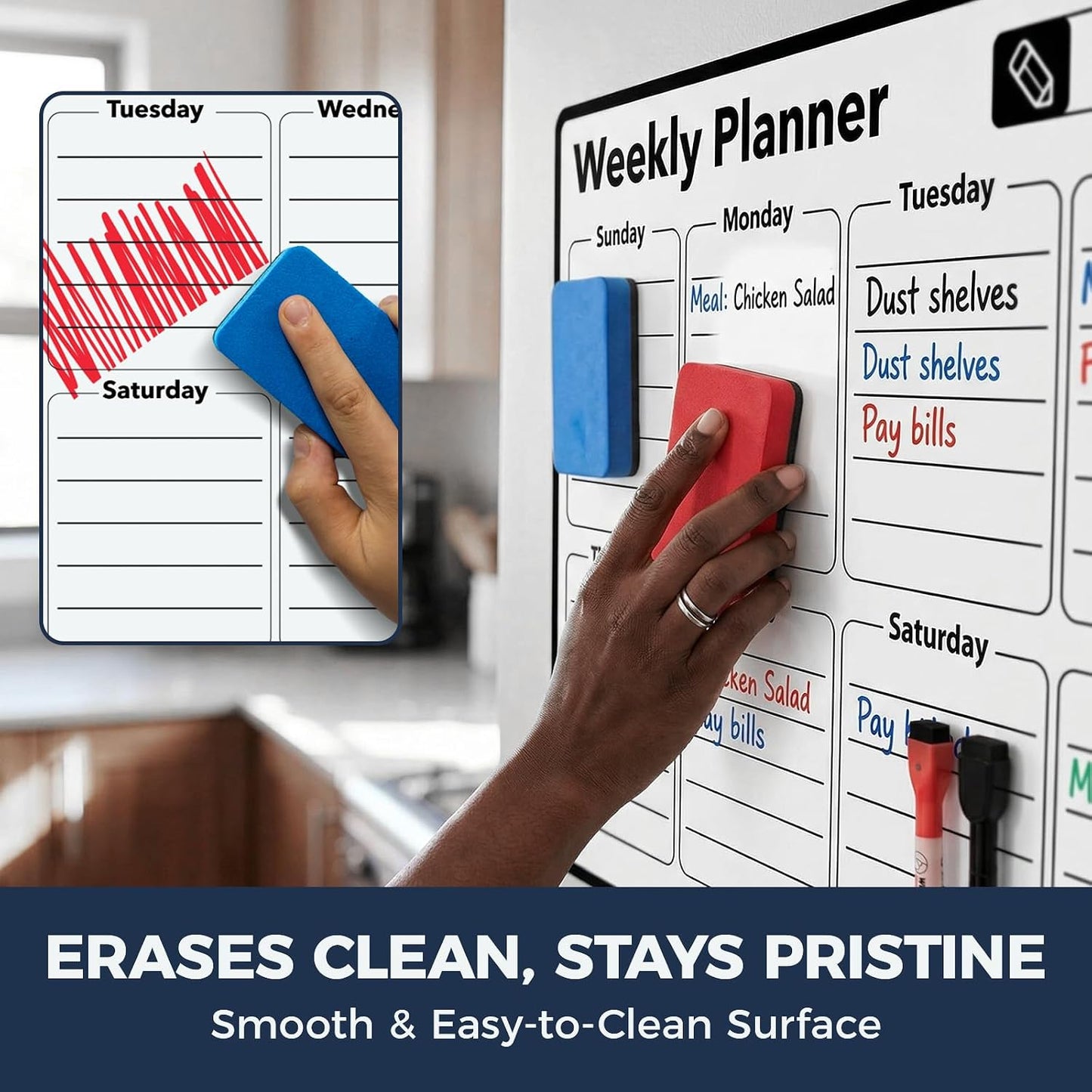 Magnetic Dry Erase Calendar for Refrigerator - 11"x8" Compact Fridge Whiteboard with 6 Markers & 2 Erasers, Weekly Planner, Sunday Start