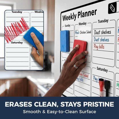 Magnetic Dry Erase Calendar for Refrigerator - 11"x8" Compact Fridge Whiteboard with 6 Markers & 2 Erasers, Weekly Planner, Sunday Start
