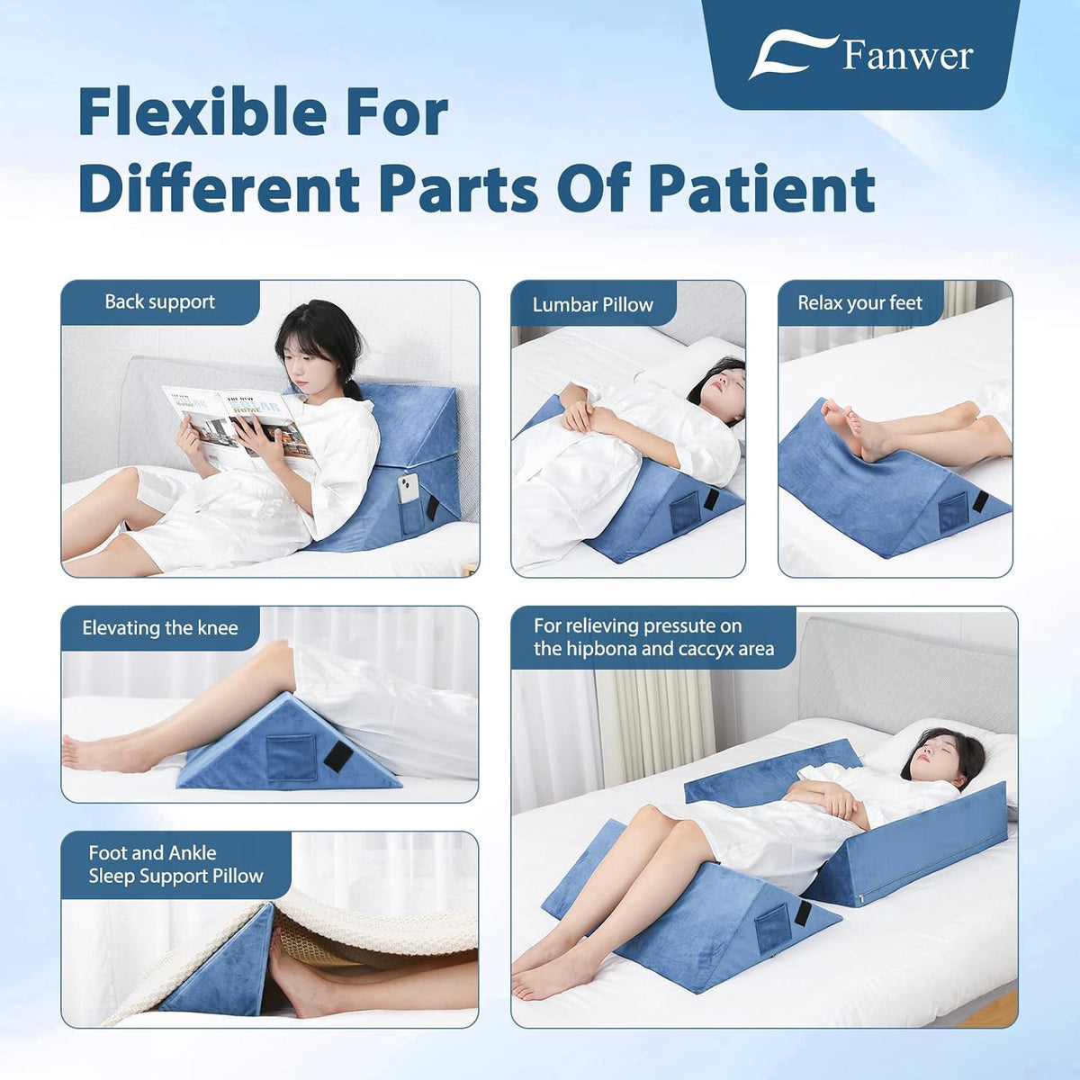 Fanwer Positioning Wedge Pillow for Side Sleeping (3 in 1), 40 Degree Triangle Bed Wedges & Body Positioners for Back Pain, Preventing Bedsores, After Surgery, Knees Elevated, Pregnancy