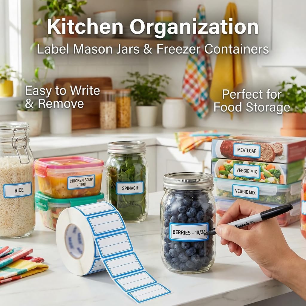 500Pcs Blue Freezer Labels, Waterproof Write-On Stickers | 500Pcs labels; removable writable adhesive for jars, containers, meal prep, pantry storage, and freezer use.