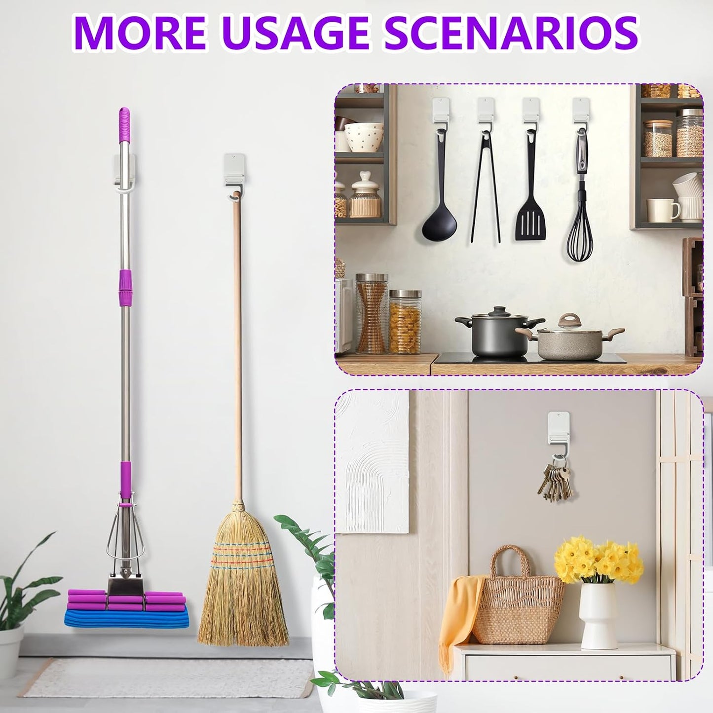 Broom and Mop Holder Wall Mount, Heavy Duty Screw Drilling Gripper Rack Supports up to 10 lb for Kitchen, Laundry Room, Garage, and Garden Storag (4, White)
