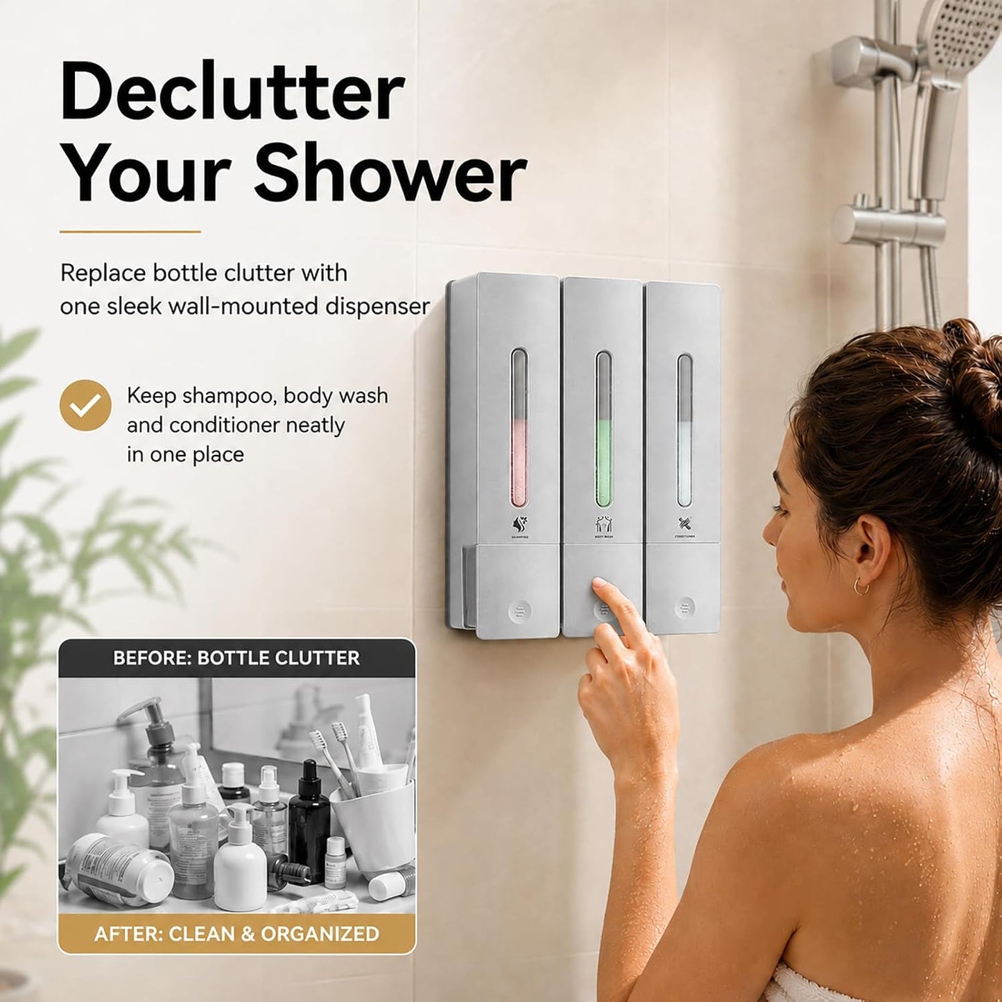 Shampoo and Conditioner Dispenser - Wall-Mounted 3-Chamber Shower Soap Dispenser, No-Drill, 1200ML Capacity, for Bathroom & Hotel