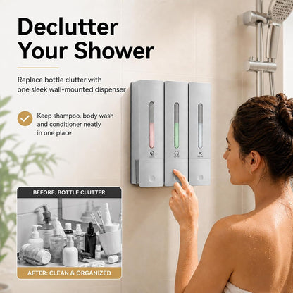 Shampoo and Conditioner Dispenser - Wall-Mounted 3-Chamber Shower Soap Dispenser, No-Drill, 1200ML Capacity, for Bathroom & Hotel