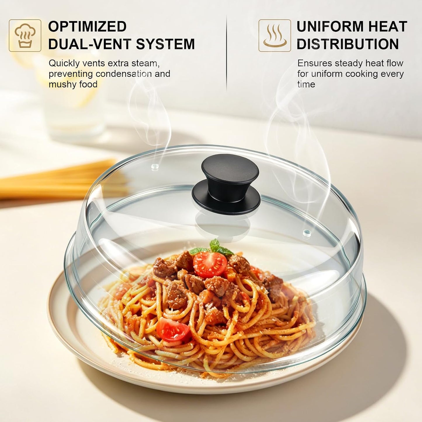 Glass Microwave Splatter Cover, Sturdy Food Plate Splatter Guard Lid | 10" Borosilicate Tempered Glass Food Cover with Easy Grip Silicone Knob & Vent Hole, BPA Free, Dishwasher Safe, No Plastic
